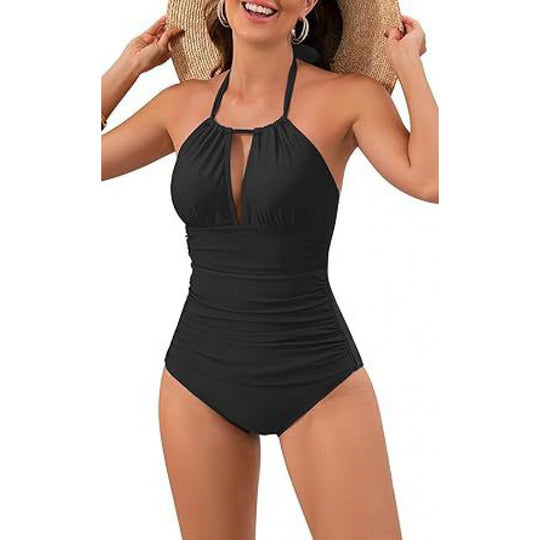 Damen Einteiler Badeanzug mit floralen Cut-Outs und elegantem Wickelrock R&B