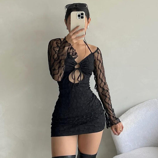 Damen locker sitzendes Minikleid mit transparenten Ärmeln und rüschendetails R&B