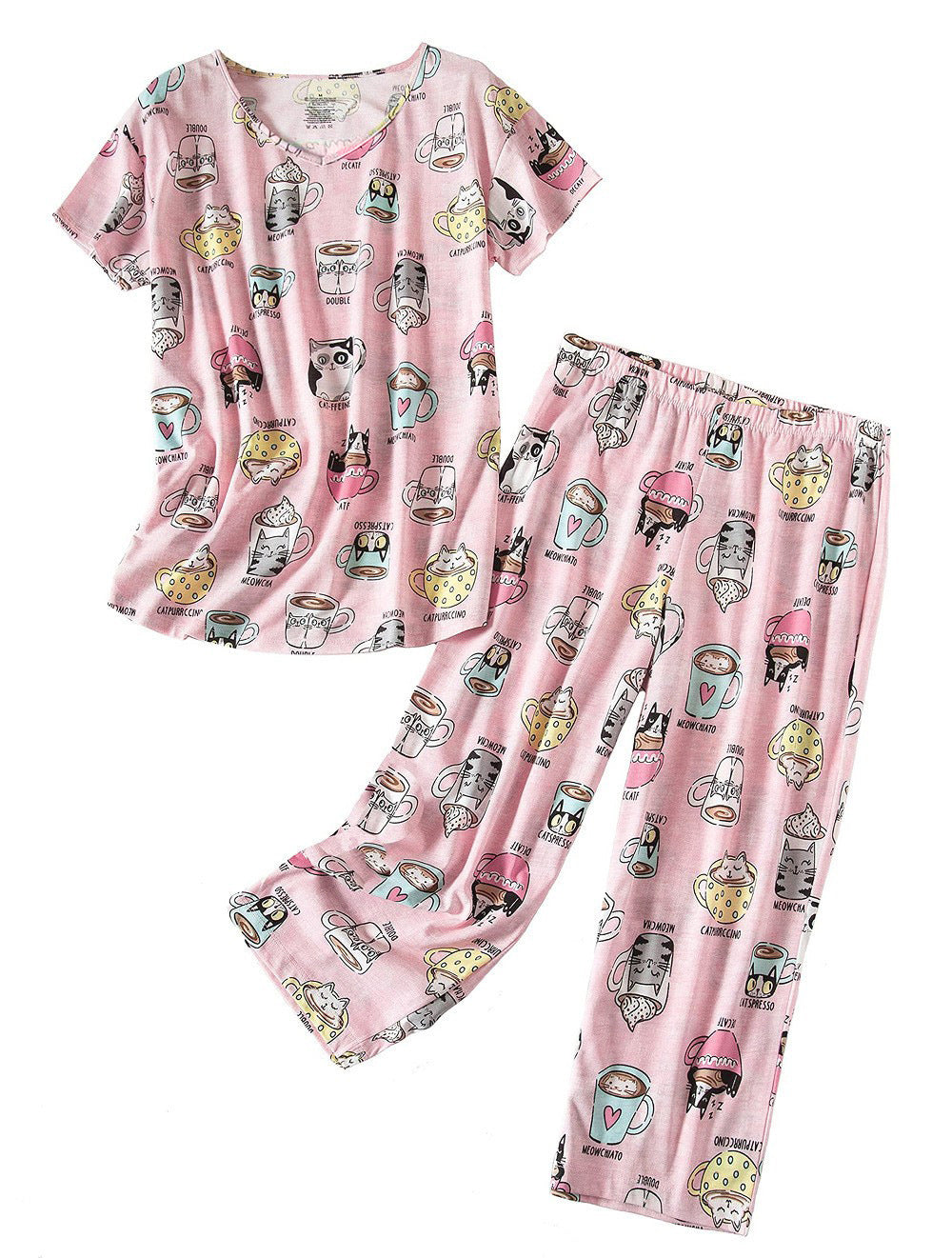 Damen Pyjama-Set mit verspieltem Katzenmotiv R&B