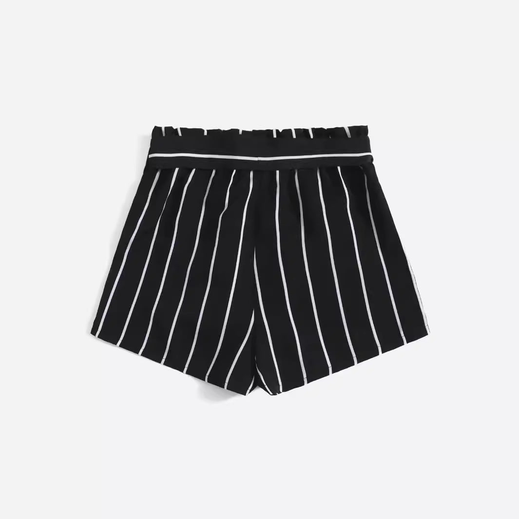 Damen gestreifte Freizeit-Shorts mit elastischem Bund und Bindegürtel R&B