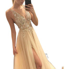 Damen Glamouröses Abendkleid mit funkelnder Applikation und hochgeschlitzt Design R&B