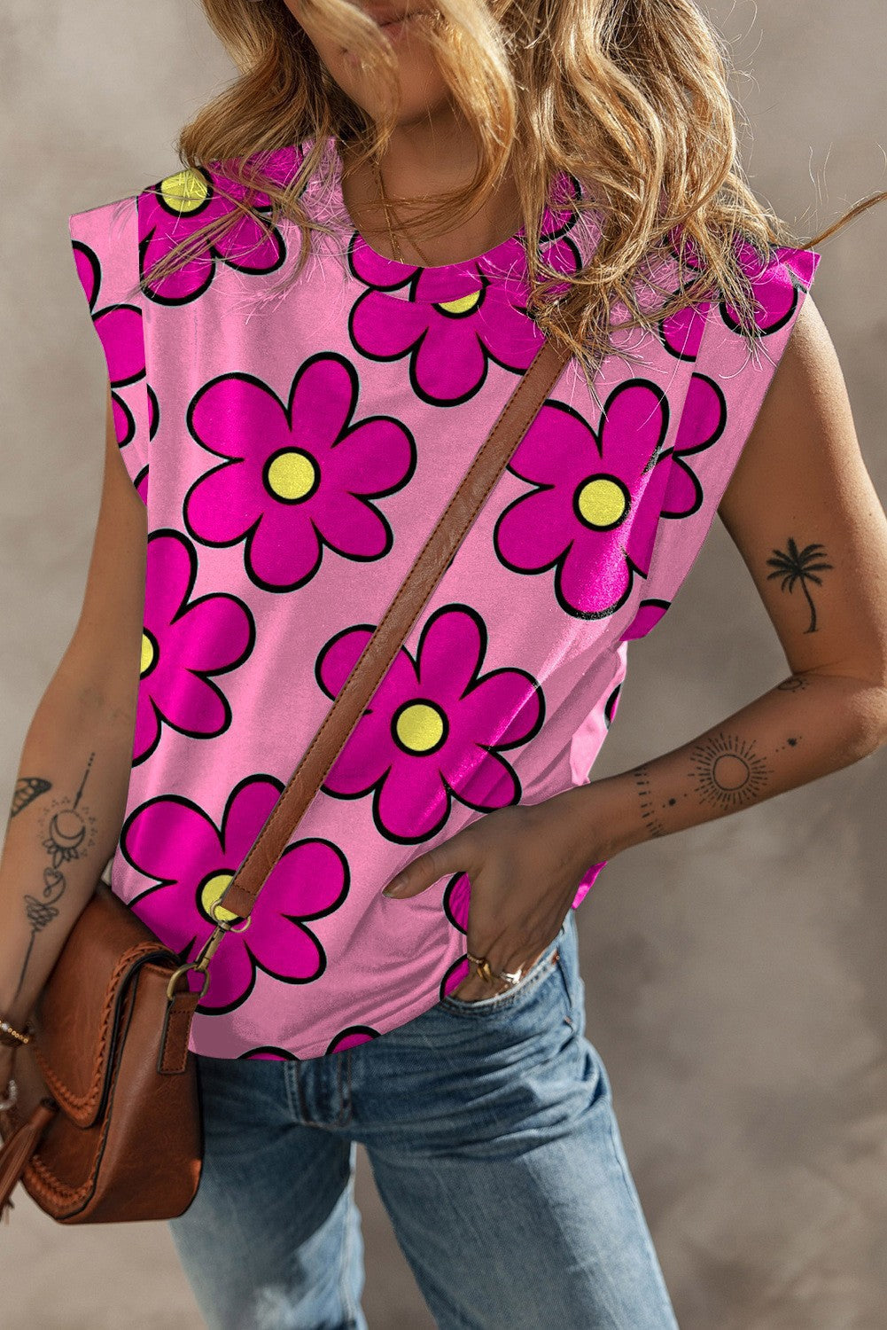 Damen lässiges T-Shirt mit lR&Bhaftem Blumenmuster und voluminösen Ärmeln R&B