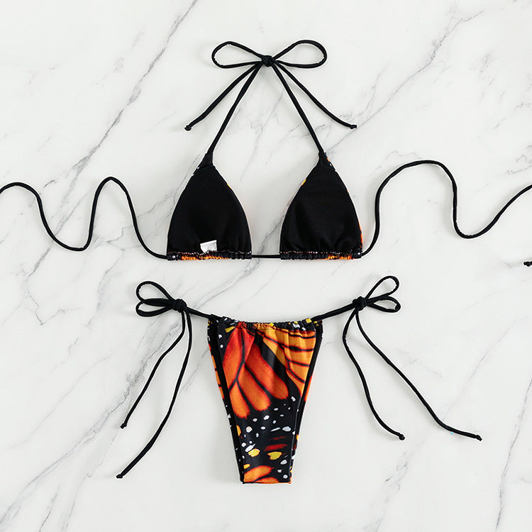 Damen Triangel-Bikini mit buntem Schmetterlingsmuster und verstellbaren Bindebändern R&B
