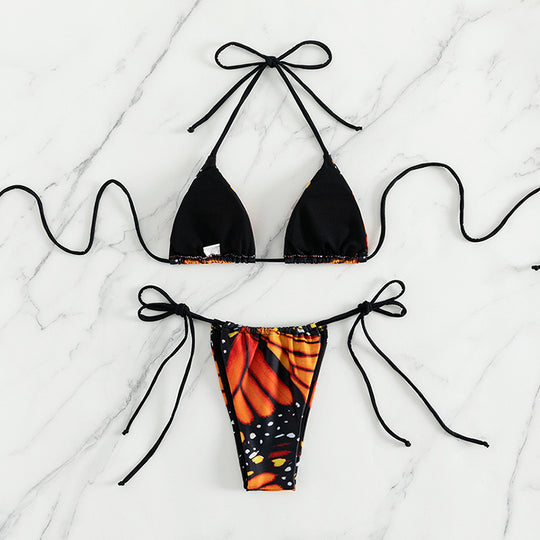 Damen Triangel-Bikini mit buntem Schmetterlingsmuster und verstellbaren Bindebändern R&B