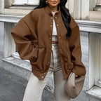 Damen Oversized Fleece-Jacke mit Druckknopfverschluss und seitlichen Taschen R&B