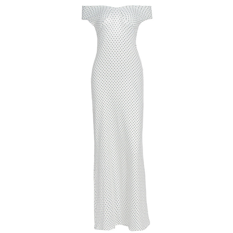 Damen Elegantes Maxikleid mit schulterfreiem Design und punktuellem Muster R&B
