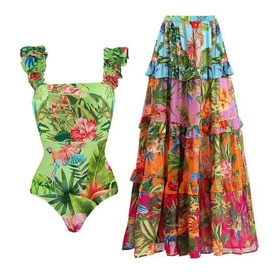Damen Einteiler Badeanzug mit floralem Muster und Rüschendetails R&B