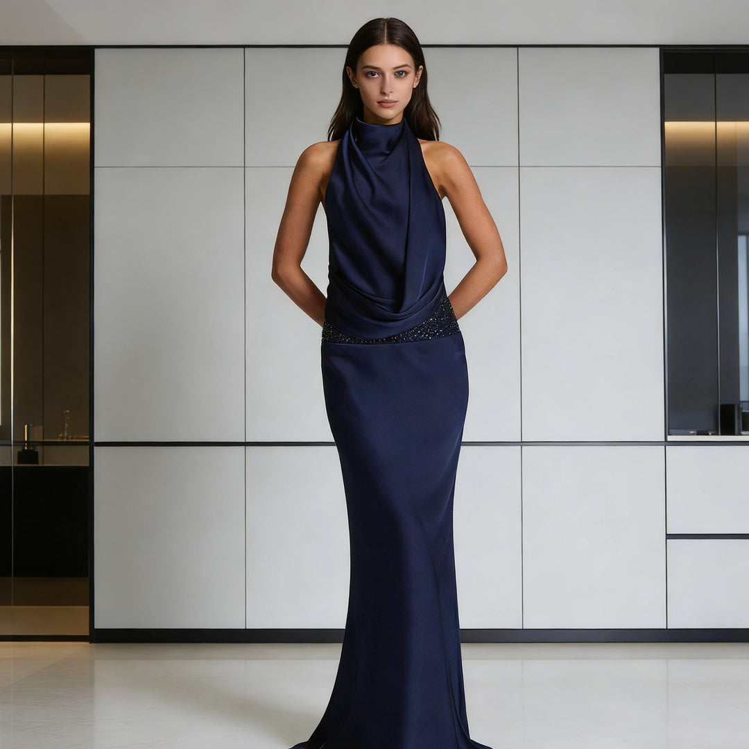 Damen Elegantes und fließendes Abendkleid mit hohem Kragen R&B