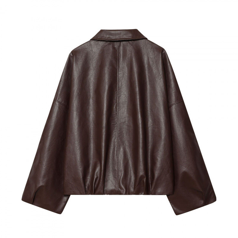 Damen modische Kunstlederjacke mit breiten Ärmeln und praktischen Taschen R&B