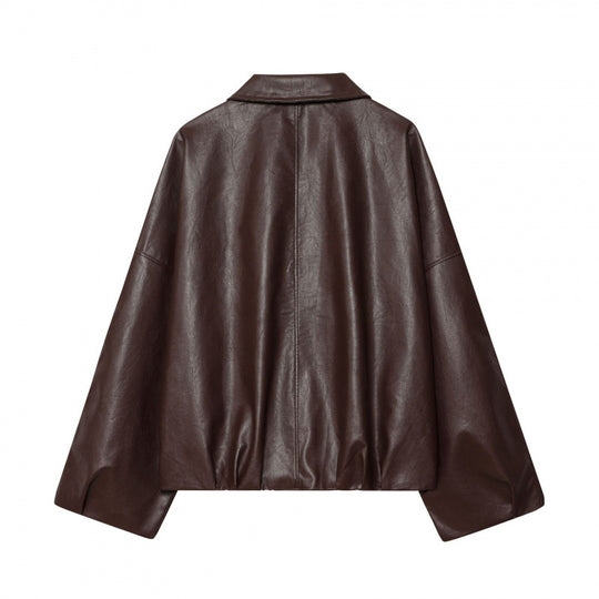 Damen modische Kunstlederjacke mit breiten Ärmeln und praktischen Taschen R&B