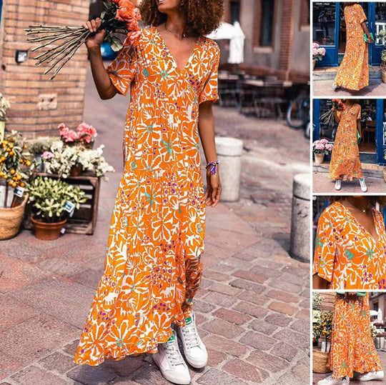 Damen Maxikleid mit weit schwingendem Saum und modernem Floralprint Heidi-Mode