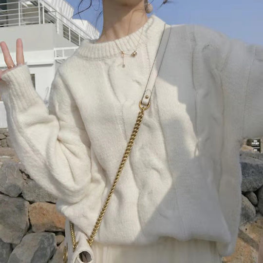 Damen Grobstrickpullover mit modischem Zopfdesign und weitem Schnitt R&B