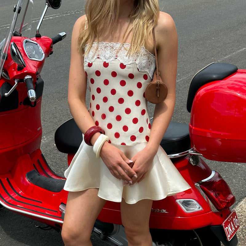 Damen Freizeitchic Minikleid mit bezaubernden Spitzenakzenten und Punkten R&B