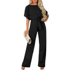 Damen langer Jumpsuit mit innovativem Bindegürtel und angeschnittenen Ärmeln R&B