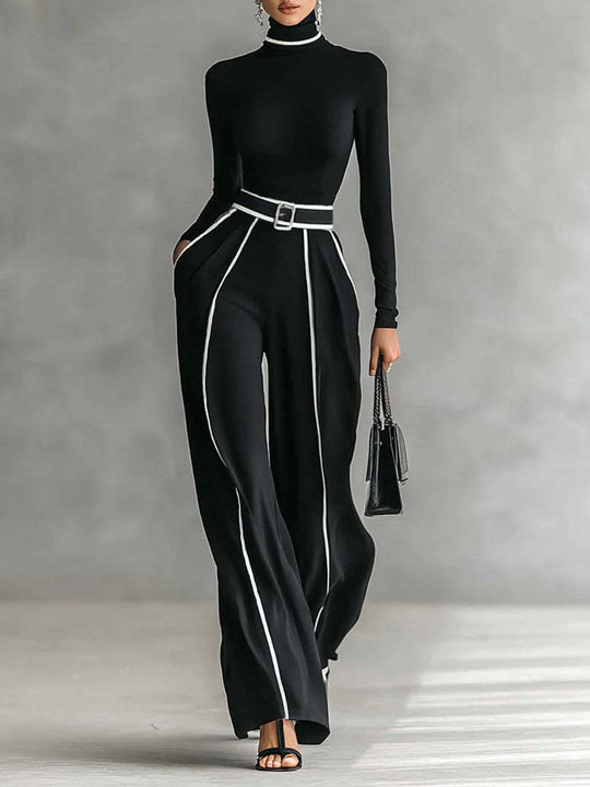 Damen nan elegantes Strickset mit tailliertem Rollkragenoberteil und weiter Plisseehose mit Taillengürtel R&B