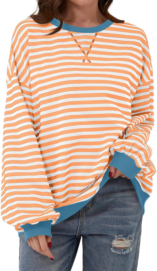 Damen lässiger Oversized Sweatshirt mit bunten Streifen und Kapuzenkordel R&B