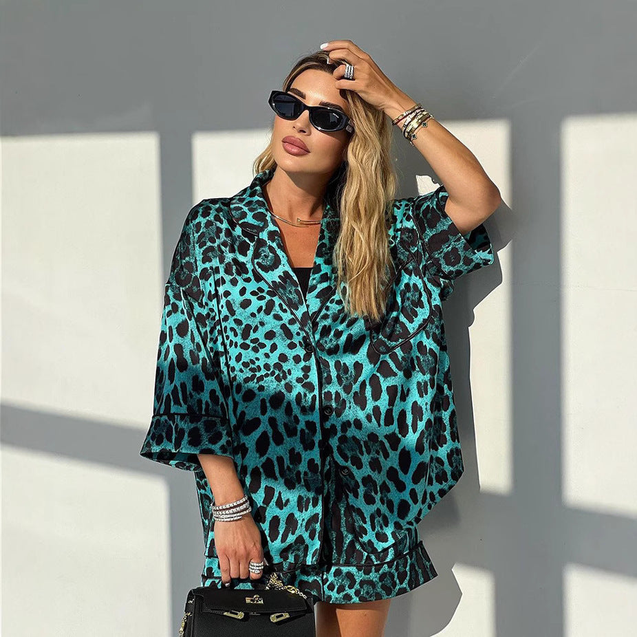 Damen Satin-Kurzarmbluse mit Leopardenmuster und lässigem Schnitt R&B