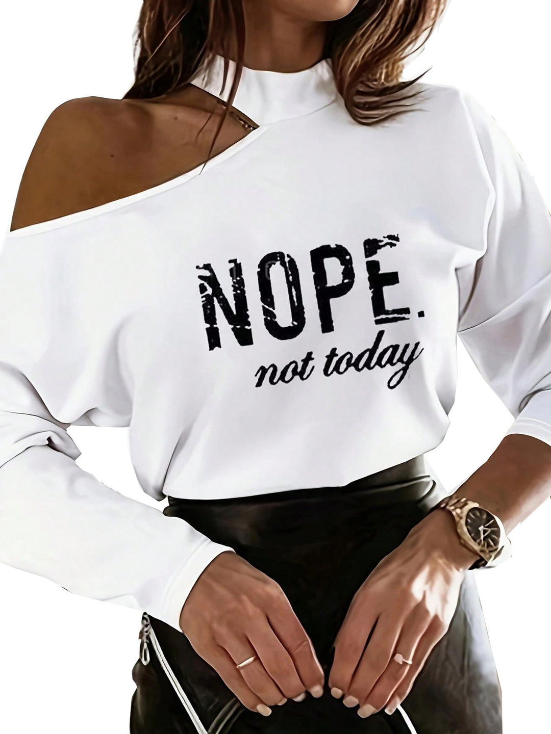 Damen Sweatshirt mit asymmetrischem Ausschnitt und kreativem Schriftzug R&B