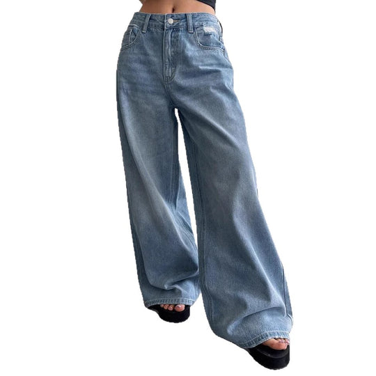 Damen Weite Jeanshose im lässigen Style mit hohem Bund und modischen Details R&B