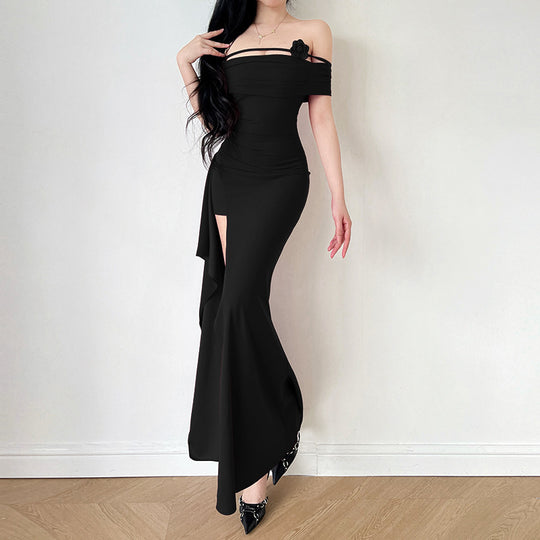 Damen elegantes Off-Shoulder-Maxikleid mit raffiniertem Schnitt und floralen Akzenten R&B