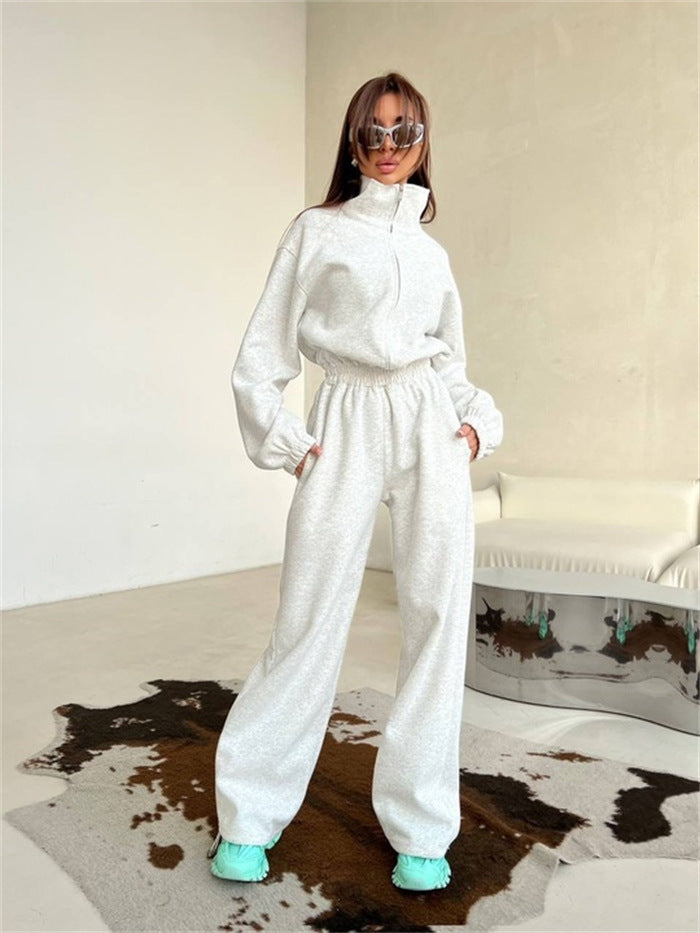 Damen sportlicher Fleece-Loungewear-Anzug mit hohem Kragen und elastischem Bund R&B
