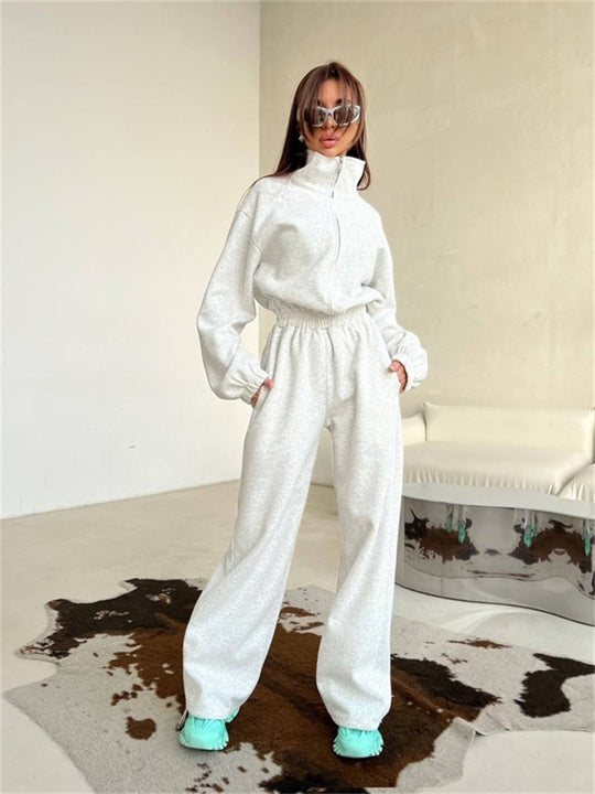 Damen sportlicher Fleece-Loungewear-Anzug mit hohem Kragen und elastischem Bund R&B