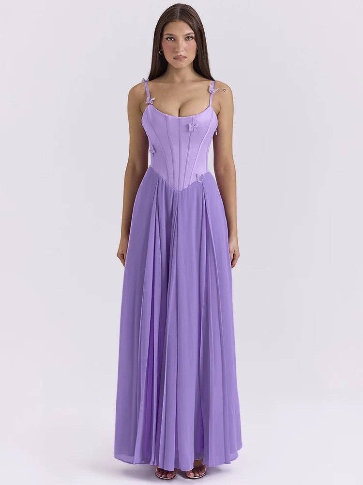 Damen nan figurbetontes Korsett-Maxikleid mit Schmetterlings-Trägern und plissiertem Chiffonrock R&B