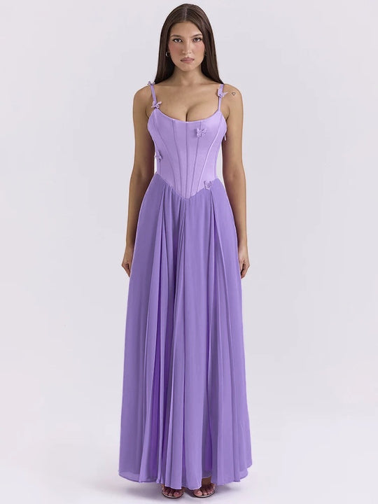 Damen nan figurbetontes Korsett-Maxikleid mit Schmetterlings-Trägern und plissiertem Chiffonrock R&B