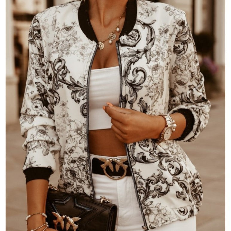 Damen Sportliche Bomberjacke mit floralem Print und Reißverschluss R&B
