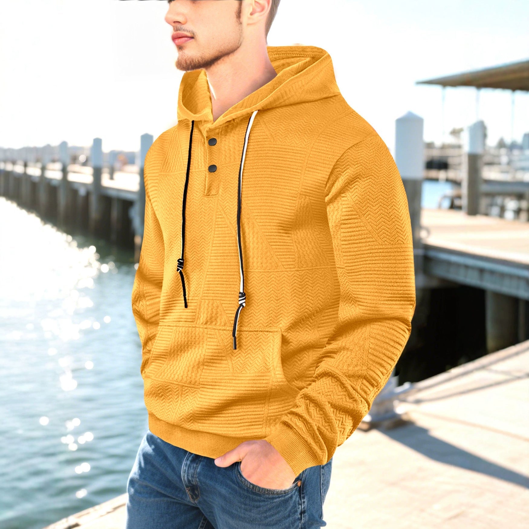 Herren nan geometrischer Struktur-Kapuzenpullover mit Henley-Blende und Kängurutasche R&B