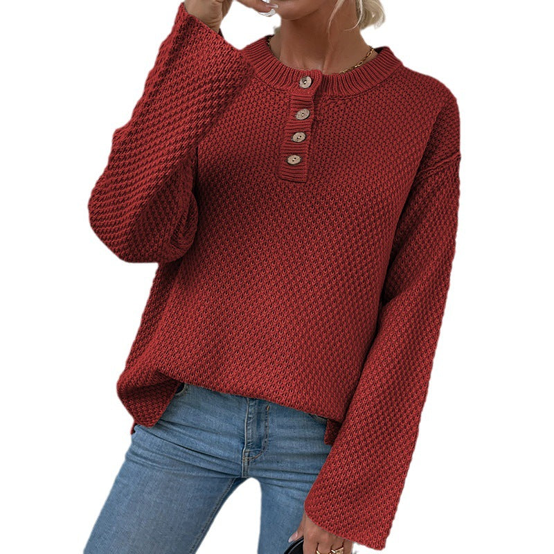 Damen gemütlicher Strickpullover mit Knopfleiste und breiten Ärmeln R&B