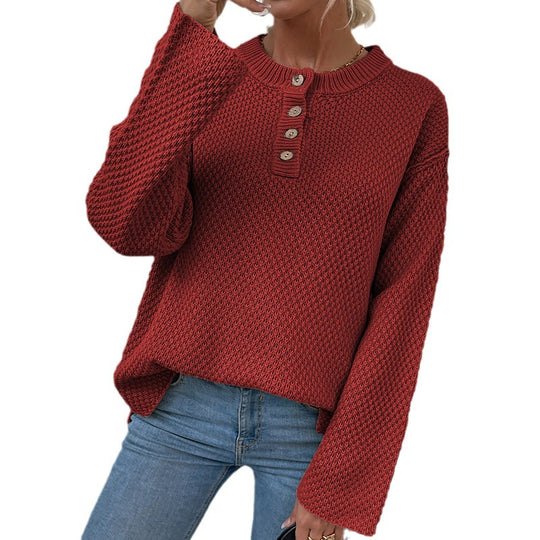 Damen gemütlicher Strickpullover mit Knopfleiste und breiten Ärmeln R&B