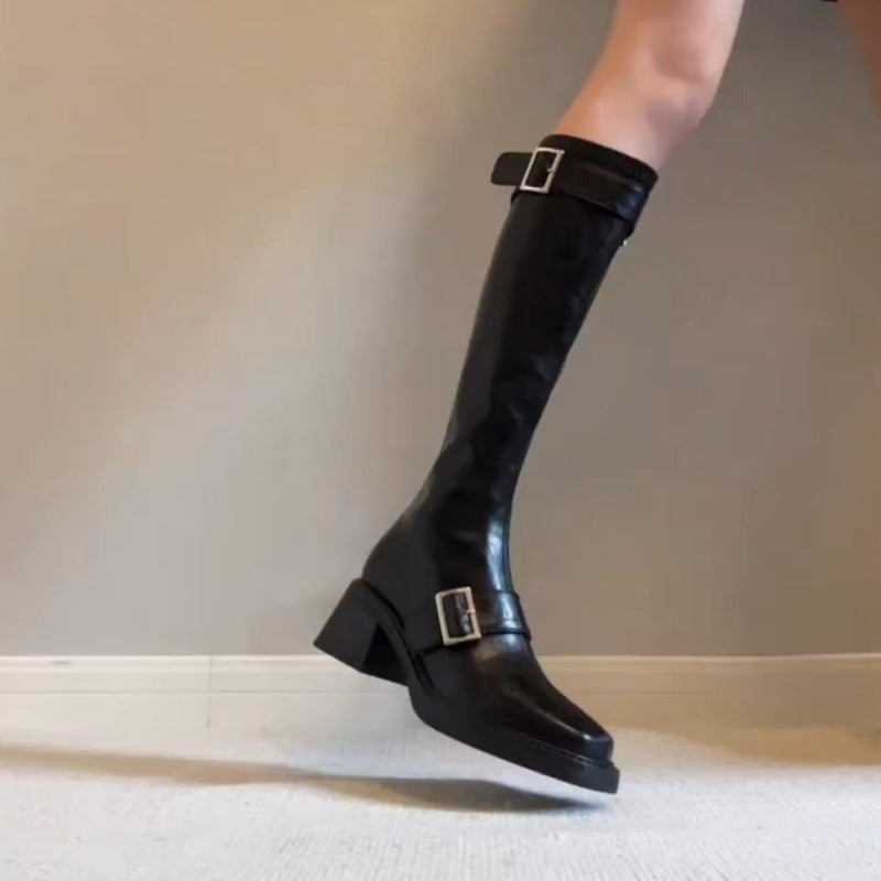 Damen modische Stiefel mit elegantem Schnallenverschluss und robustem Blockabsatz R&B