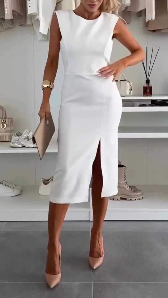 Damen Etuikleid mit asymmetrischem Ausschnitt und elegantem Schlitz R&B