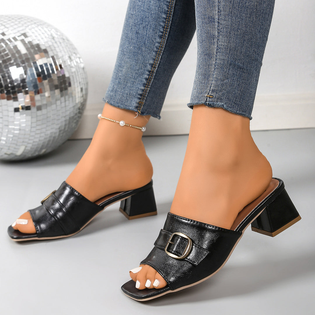 Damen modische Mules mit Blockabsatz und dekorativem Schnallen-Detail R&B
