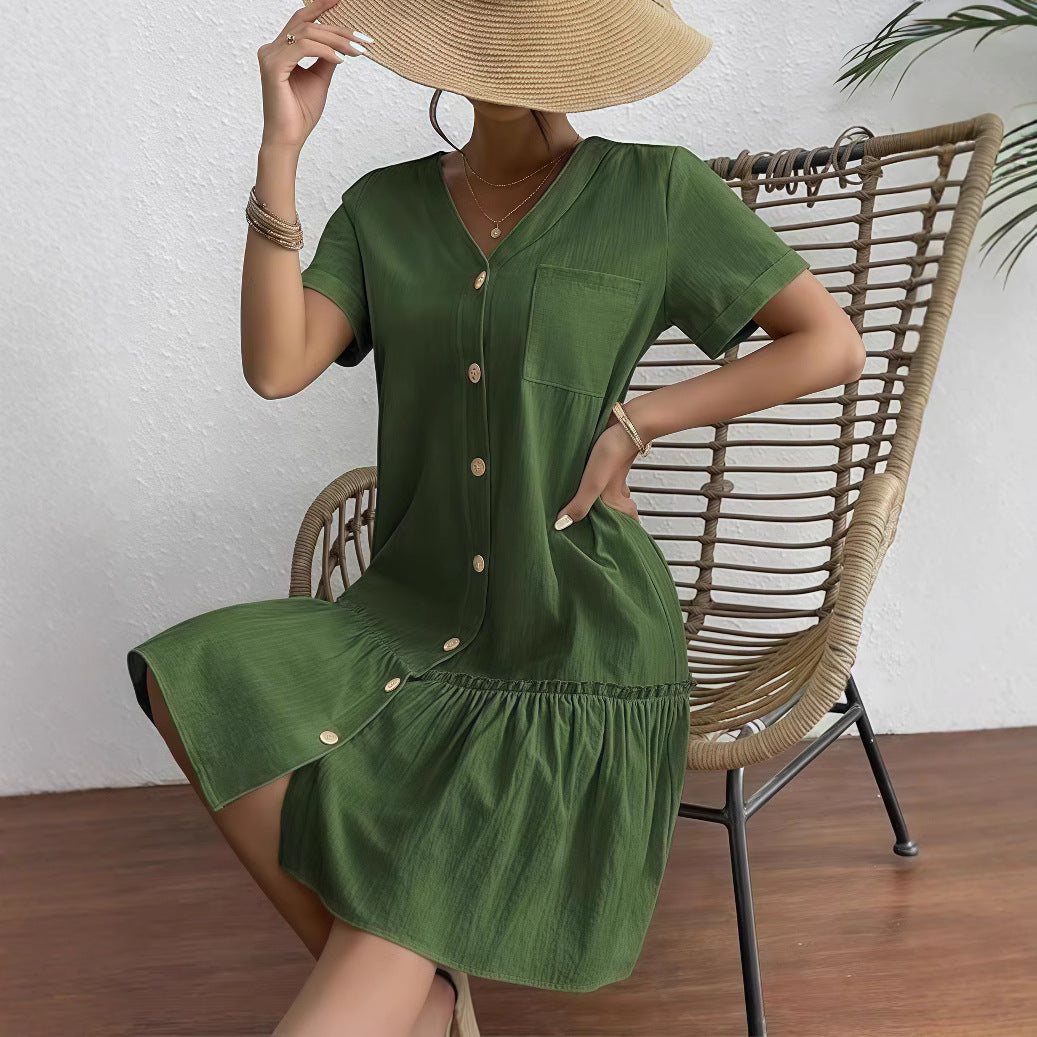 Damen lässiges Hemdblusenkleid mit Knopfdetail und ausgestelltem Rock R&B