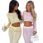 Damen elegantes gehäkeltes Set mit langärmligem Crop-Top und figurbetonendem Rock R&B