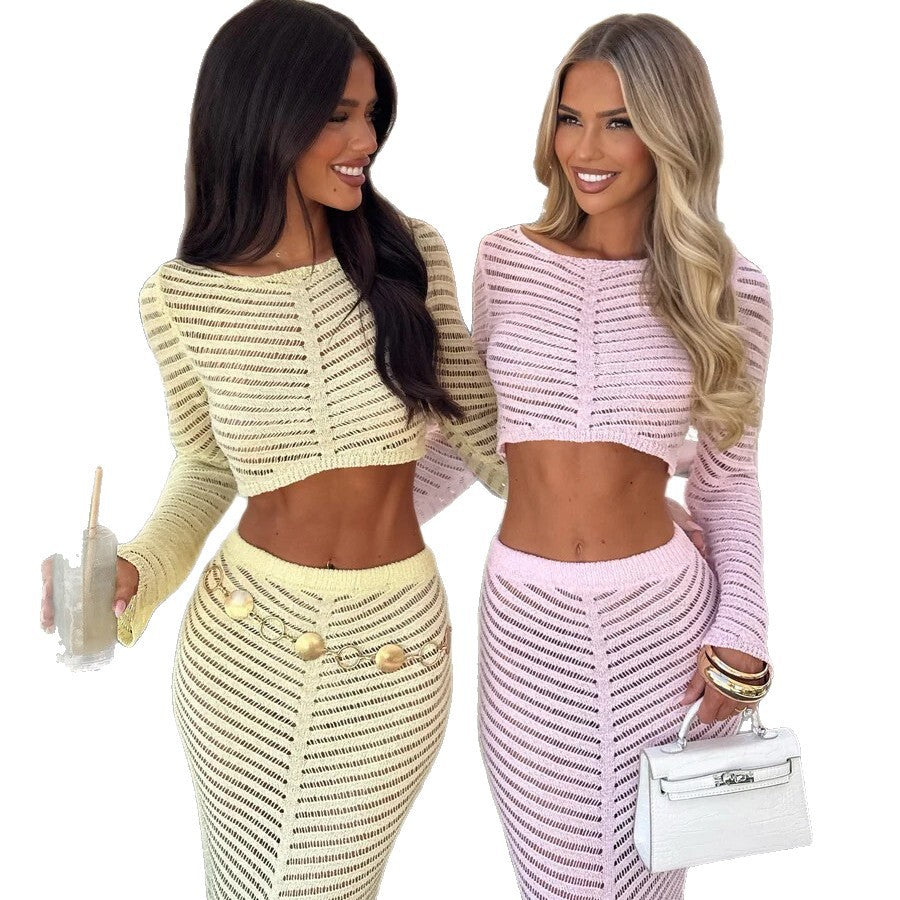 Damen elegantes gehäkeltes Set mit langärmligem Crop-Top und figurbetonendem Rock R&B