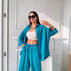 Damen Lässiger Zweiteiler aus leichtem MischgewR&Be mit weiter Bluse und bequemen Hose R&B