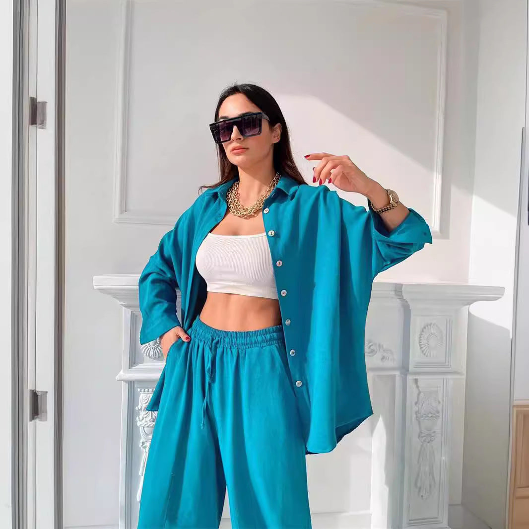 Damen Lässiger Zweiteiler aus leichtem MischgewR&Be mit weiter Bluse und bequemen Hose R&B