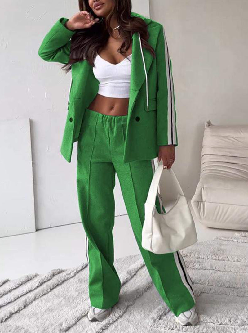 Damen nan sportlich-elegantes Blazer-Zweiteiler mit Kapuzenblazer und weiter Trainingshose mit seitlichem Streifen R&B