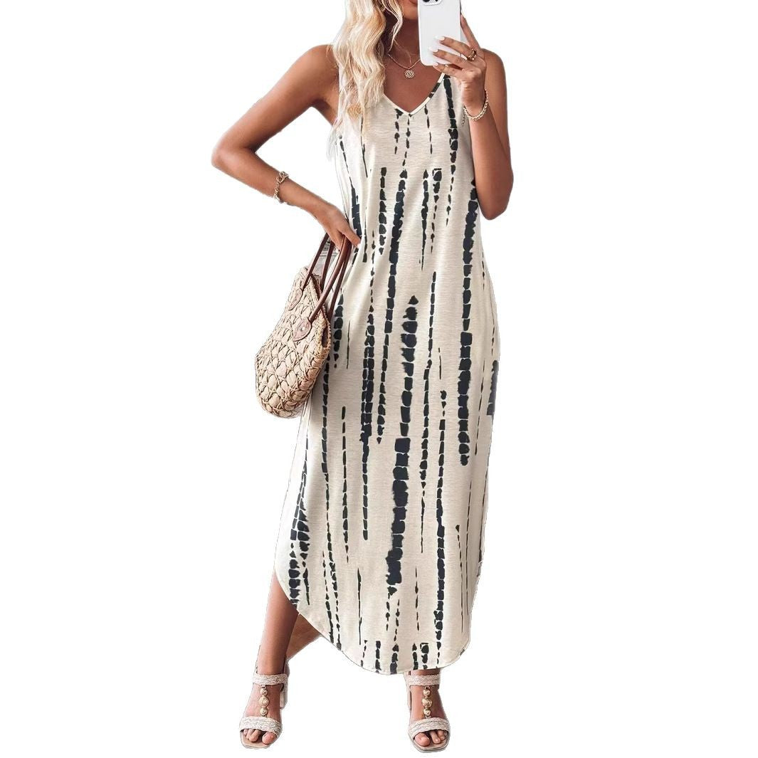 Damen Maxikleid mit feinem V-Ausschnitt und gestreiftem Design R&B
