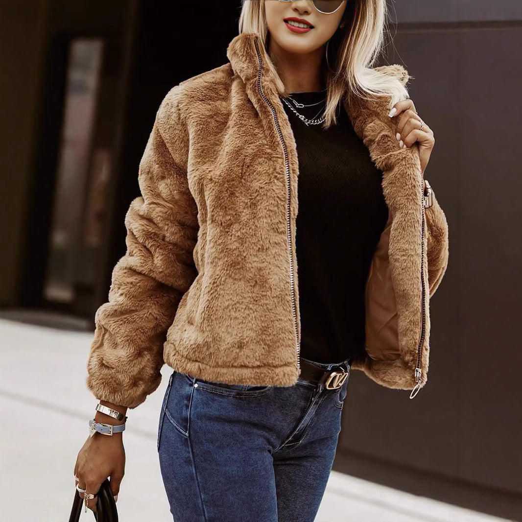R&B | Weiche Damen Teddy Bomberjacke mit Reißverschluss