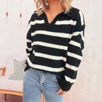 Damen lässiger Streifenpullover mit weitem Kragen und modischem Schnitt R&B