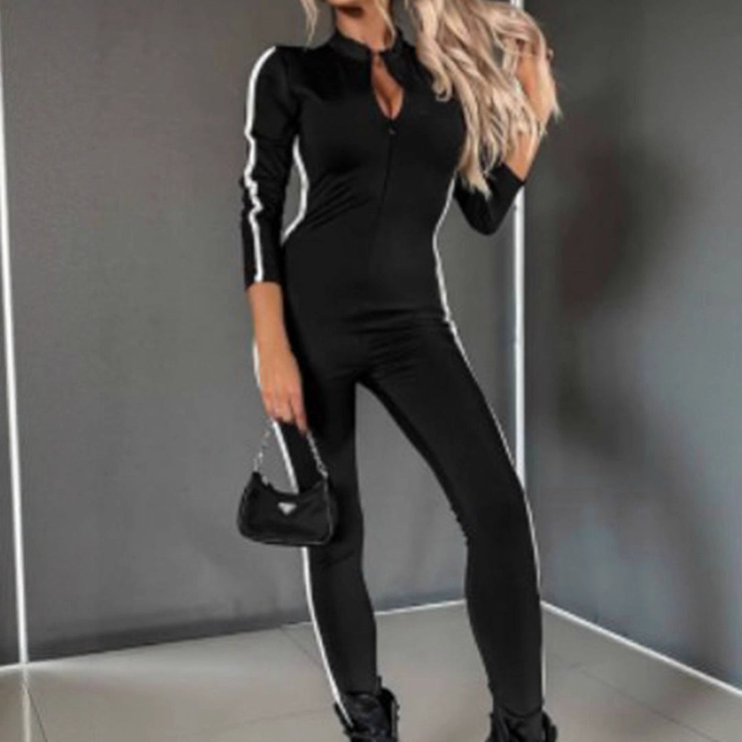 Damen Langarm-Jumpsuit mit hohem Kragen und nahtlosem Design R&B