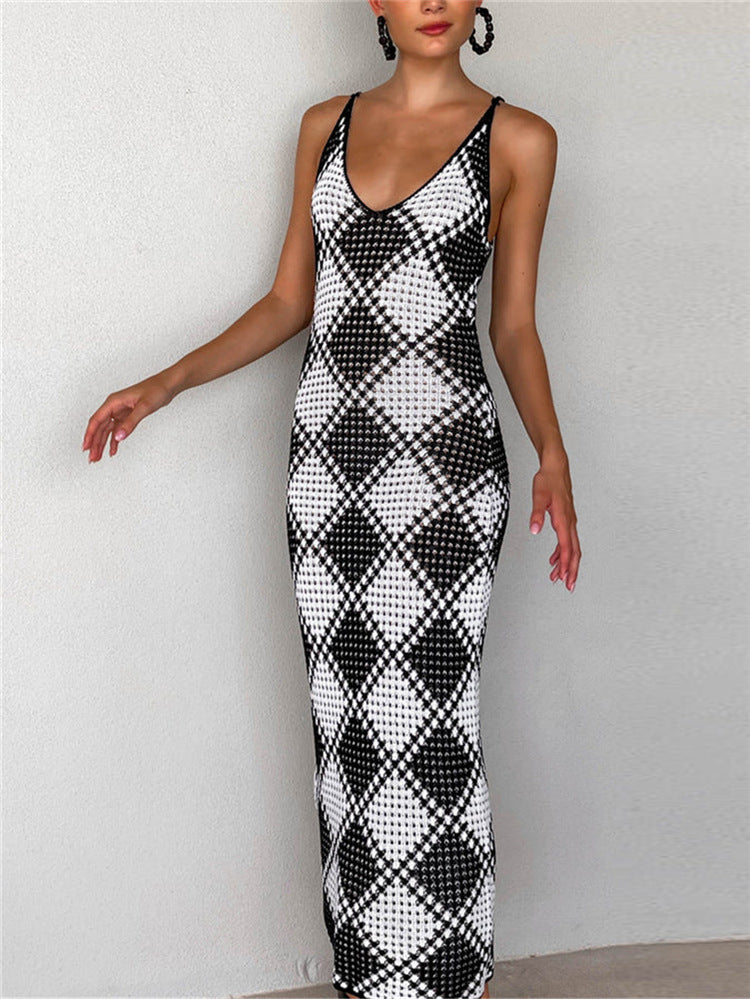 Damen-Maxikleid mit feinem Mesh-Strick und diamantförmigem Muster R&B