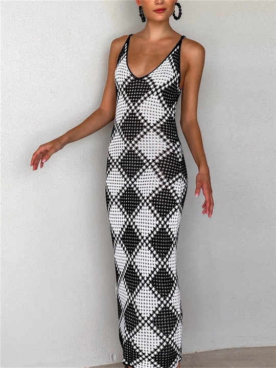 Damen-Maxikleid mit feinem Mesh-Strick und diamantförmigem Muster R&B