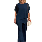 Damen elegantes Ensemble aus fließendem Oberteil und weitem Hose R&B