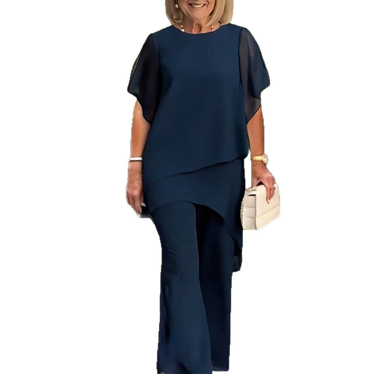 Damen elegantes Ensemble aus fließendem Oberteil und weitem Hose R&B