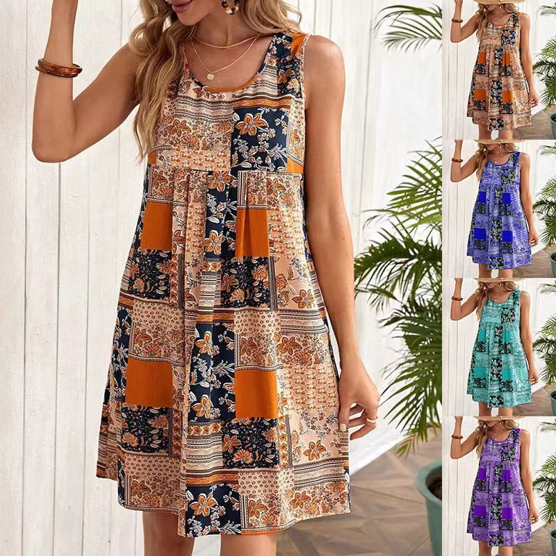 Damen Freizeitleinenkleid mit buntem Patchwork-Design R&B